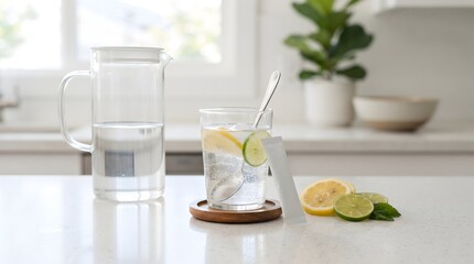 Fototapeta premium Glass of sparkling detox water with lemon lime slices and stick sachet mockup on kitchen counter