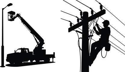 Lineman worker flat vector illustration. Two industrial silhouettes show a utility cherry picker boom truck repairing a lamppost and a technician climbing a power pole. © Olivia