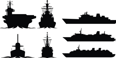Fototapeta premium Military ship silhouettes flat vector illustration. Six diverse naval vessels feature an aircraft carrier, a front submarine view, and sleek battleships.