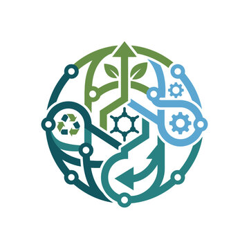 A circular graphic design representing sustainable technology and nature
