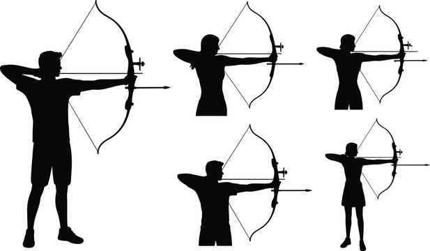 Archery target sports flat vector illustration. Five athlete silhouettes aim recurve bows with sharp arrows during intense professional shooting practice tournaments.