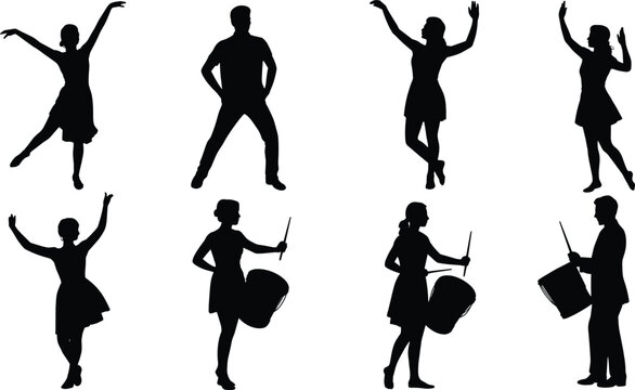 Parade performers flat vector illustration. Eight black silhouettes showcase dynamic dancers striking elegant poses alongside marching drummers beating on percussion instruments.