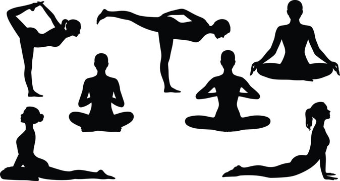 Yoga poses flat vector illustration. Seven female yogi silhouettes demonstrate diverse exercises like lotus meditation, warrior balance, cobra stretch, and lord of dance postures.