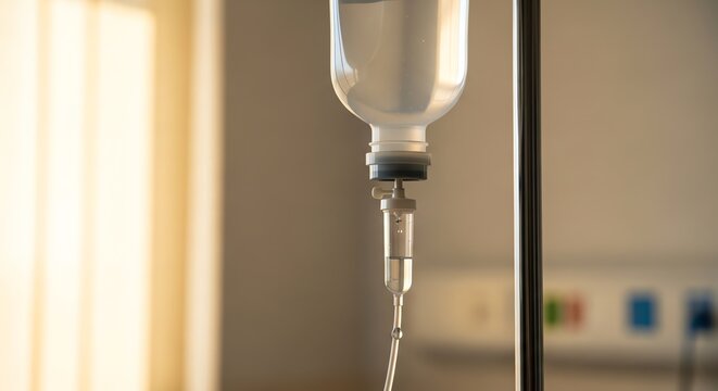 Intravenous saline drip bag hanging on metal stand in hospital room with soft natural morning window light, realistic clinical setting