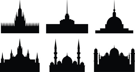 Building silhouettes flat vector illustration. Six architecture landmarks showcase religious mosques, historic cathedrals, modern spires, and traditional palace dome structures. © Olivia
