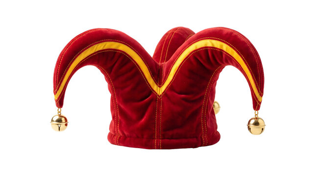 Red jester hat with golden bells and yellow trim showing a classic velvet costume design ideal for carnival branding in PNG, Transparent Background