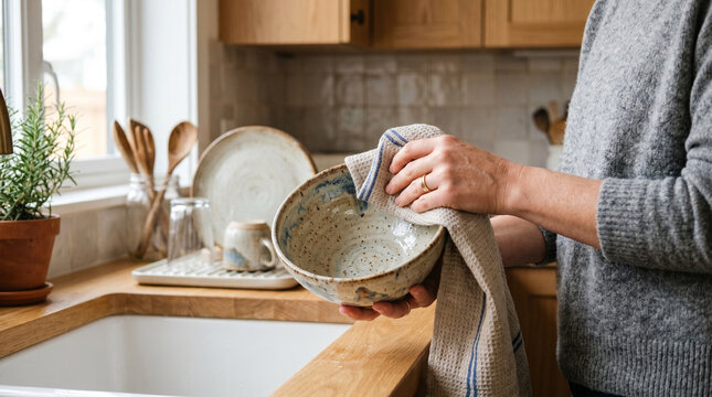 Man drying ceramic bowl with towel in modern kitchen