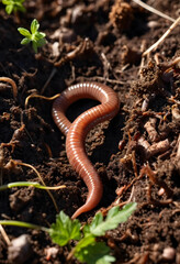 Fototapeta premium Earthworm crawling through rich dark soil with small green plants, organic gardening and healthy ecosystem, the worms presence indicates a thriving natural environment and beneficial soil
