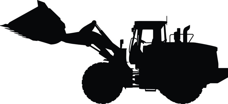 Wheel loader flat vector illustration. Heavy construction tractor silhouette features an elevated front bucket, large tires, and driver cabin for earthmoving work.