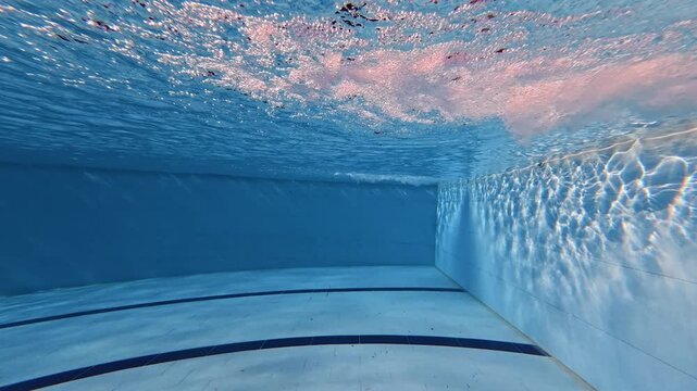 Dynamic underwater shot of streams of bubbles emerging from swimming pool return jets and dispersing through blue water, creating a visually striking aquatic texture.

