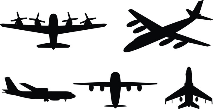 Cargo plane silhouettes flat vector illustration. Five large military freight aircraft icons feature heavy turboprop transports, commercial shippers, and strategic airlifters.