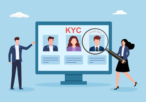 KYC verifying the identity of its clients using bio metric identification scanning face and fingerprint recognition. flat vector illustrator.