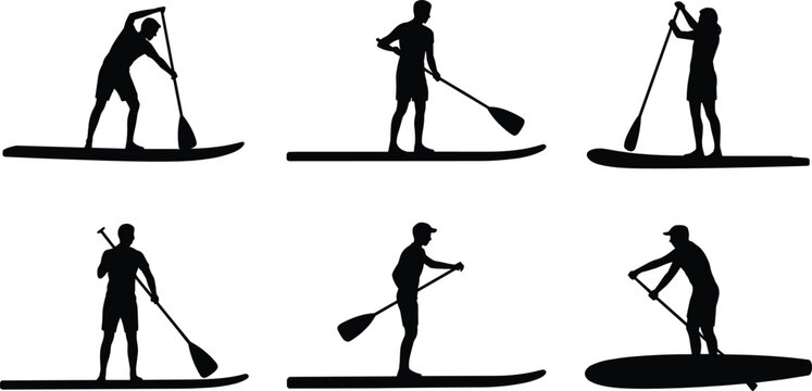 Paddleboarding icons flat vector illustration. Six detailed male and female athlete silhouettes stand on sup boards holding oars during outdoor water recreation.
