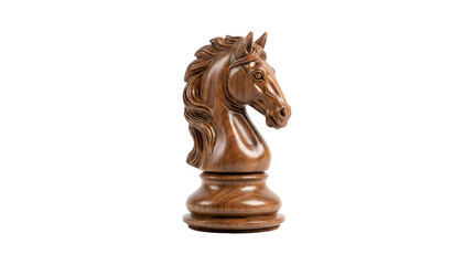 Wooden chess knight piece carved into a detailed horse head showing polished grain texture in PNG, Transparent Background © Inkartia