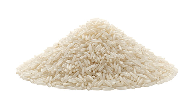 White rice pile showing long uncooked grains stacked together ideal for grocery and food packaging in PNG, Transparent Background