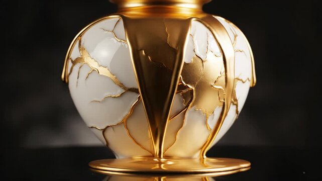 White Ceramic Pottery Vase with Flowing Liquid Gold Drips in Dramatic Kintsugi Style