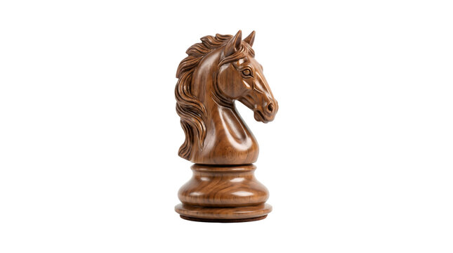 Wooden chess knight piece carved into a detailed horse head showing polished grain texture in PNG, Transparent Background