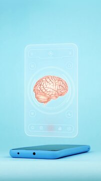 Doctor using mobile app interface on smartphone for brain diagnosis showing anatomical brain, innovative medical technology for early detection of neurological disease. Light blue background.