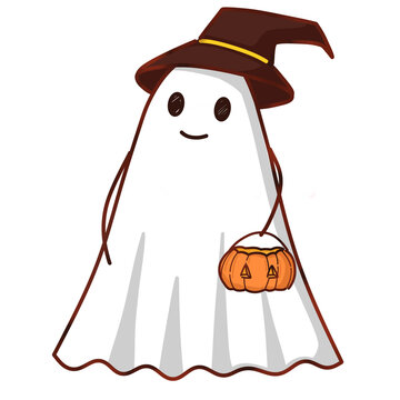 Cute Halloween Ghost Wearing Witch Hat Carrying Pumpkin Basket Clipart