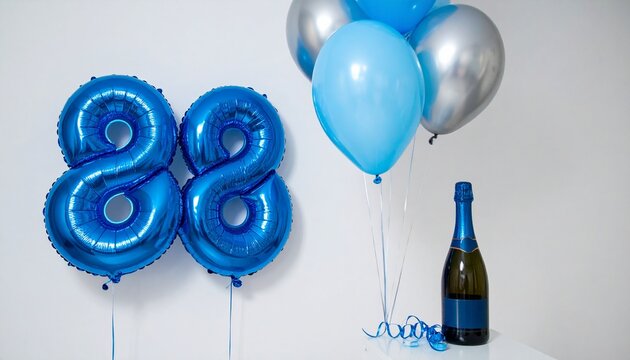 Blue Number 88 Balloon with Champagne Bottle for Birthday or Anniversary Celebration