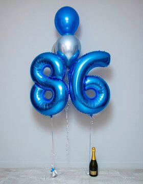 Blue Number 86 Balloon with Champagne Bottle for Birthday or Anniversary Celebration