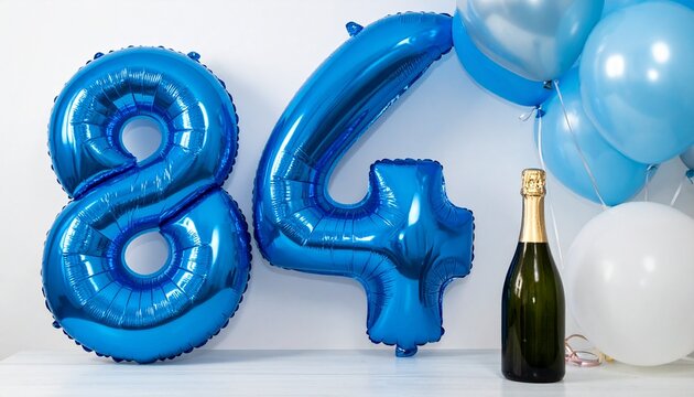 Blue Number 84 Balloon with Champagne Bottle for Birthday or Anniversary Celebration