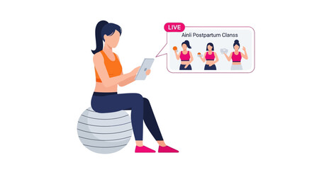 Obraz premium Woman Sitting on Fitness Ball Watching Live Online Postpartum Workout Class on Tablet Illustration