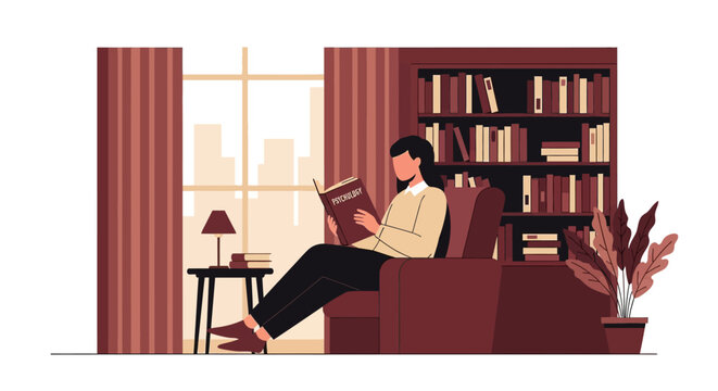 Woman Reading Psychology Book in Cozy Home Library - Flat Vector Illustration for Mental Health and Education Concept