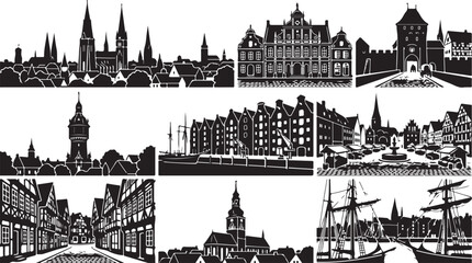 Set of black and white silhouettes featuring historical european cityscapes, medieval architecture, timber-framed houses, gothic cathedrals, harbor scenes with sailing ships, and cobblestone streets © MdAbu