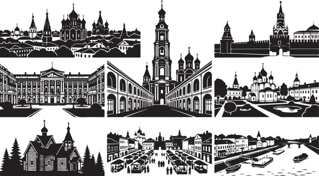 Collection of black and white silhouettes featuring russian architectural landmarks, including orthodox cathedrals, historic kremlin walls, town squares, market stalls, and riverfront cityscapes