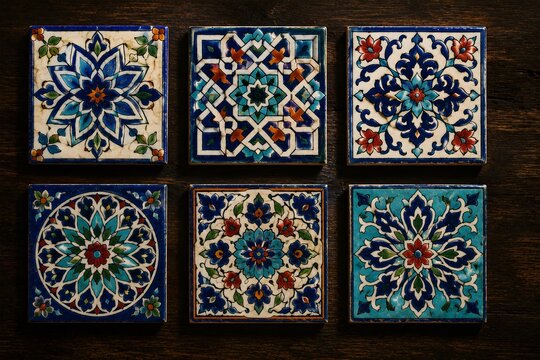 Vintage Moroccan ceramic tiles with intricate floral patterns, set of 6 decorative Mediterranean tiles, blue and white mosaic tile art on dark wood