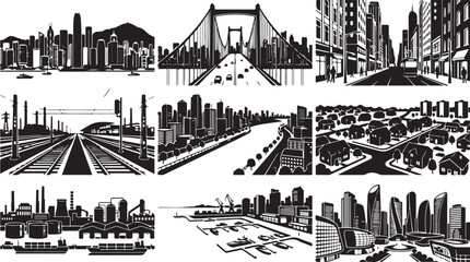 Fototapeta premium Set of nine black and white depicting diverse urban landscapes, including city skylines, suspension bridges, street views, railway tracks, suburban housing, and industrial ports
