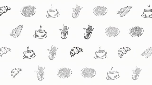 Animated seamless fruit and beverage doodle pattern on white background