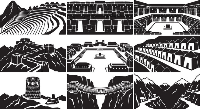 Set of nine black and white depicting ancient incan ruins, stone masonry, mountain terraces, fortresses, and traditional architecture from machu picchu and peru