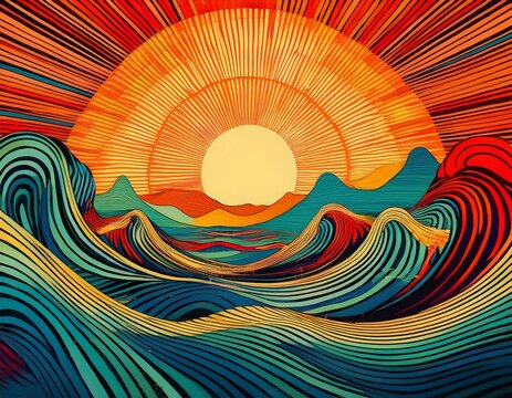 vibrant abstract landscape with surreal geometric sunburst and colorful waves in retro linocut style