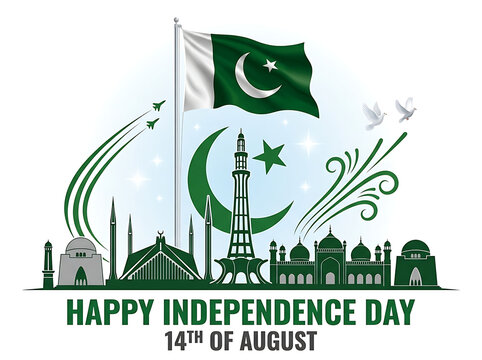 Happy Pakistan Independence Day banner design displaying iconic landmarks, waving national flag, crescent star, and peace doves artwork.