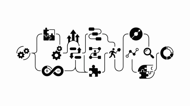 A flowchart illustrates a business process with gears puzzles and analytics