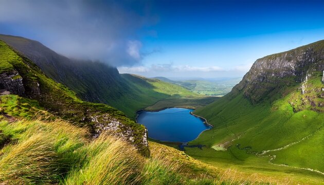 view from the devils chimney waterfall area toward glencar lough in northwest ireland misty green valley lake and cliffs in the sligo leitrim border landscape