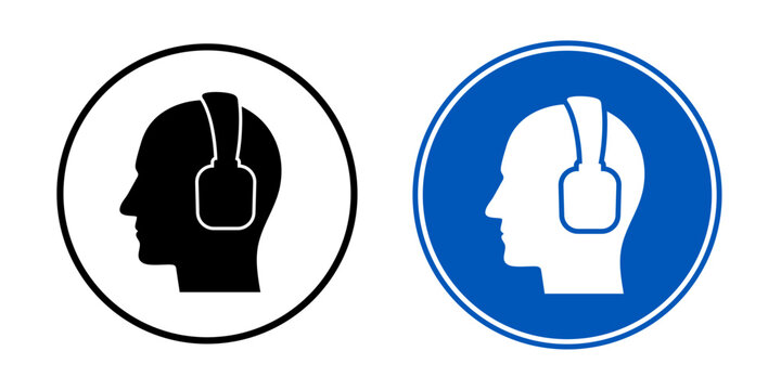 Hearing protection mandatory sign icon set with earmuff symbol. Ear defenders PPE signage for high noise areas, factories, workshops and OSHA compliance.