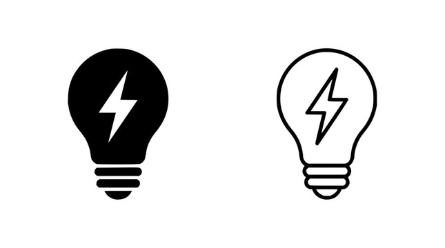 Lightbulb set with glowing icons featuring lightning bolts, energy symbols, and innovation with modern flat design and vector illustration