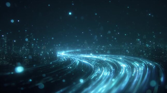 Rapid blue fiber optic communication and high-speed data flow over cyber night city (AI Generated)