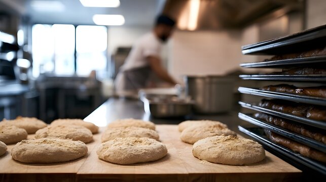 Freshly shaped artisan bread loaves rest on a wooden board beside racks of baked goods in a professional kitchen setting