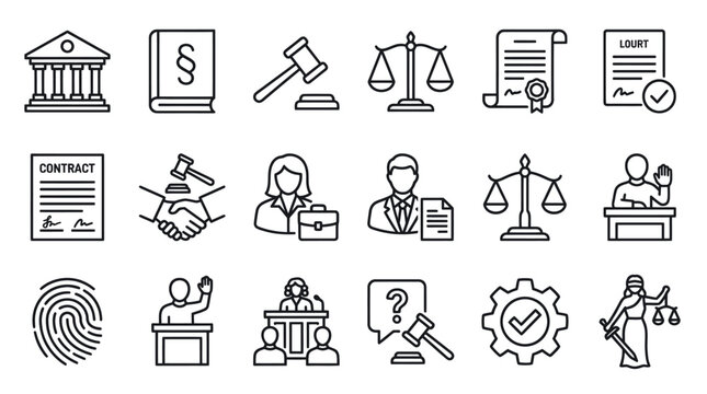 Law and justice system line icon set.