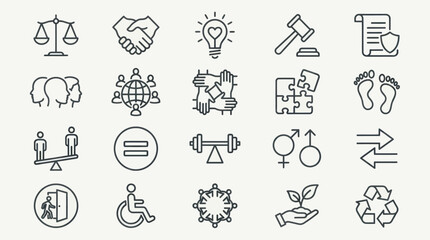 Fototapeta premium Law justice and social responsibility line icons.