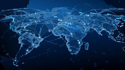 world map with interconnected lines and nodes watercolor style global network connections geography earth continents oceans blue © Sampad