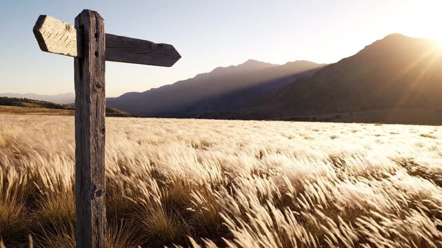 A wooden signpost stands amidst a golden field of swaying tall grass. Mountains loom in the background under a radiant, setting sun, casting warm light across the peaceful landscape.