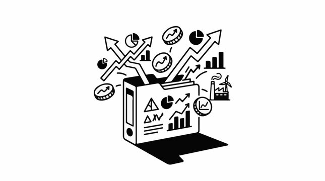 A folder explodes with growth charts coins and industrial imagery