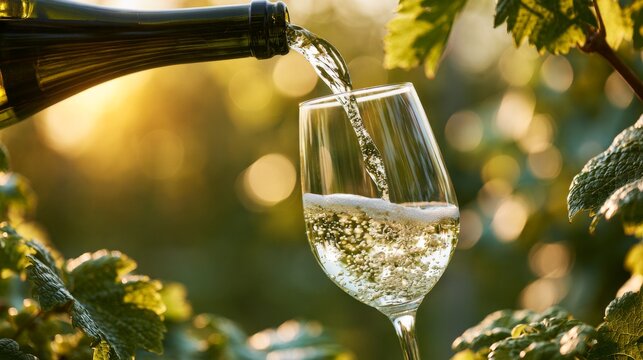 Sparkling white wine pouring into glass among grape leaves in warm golden vineyard light