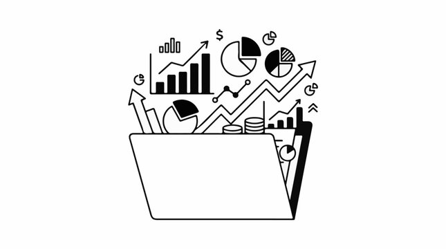 A folder filled with rising graphs pie charts coins and arrows