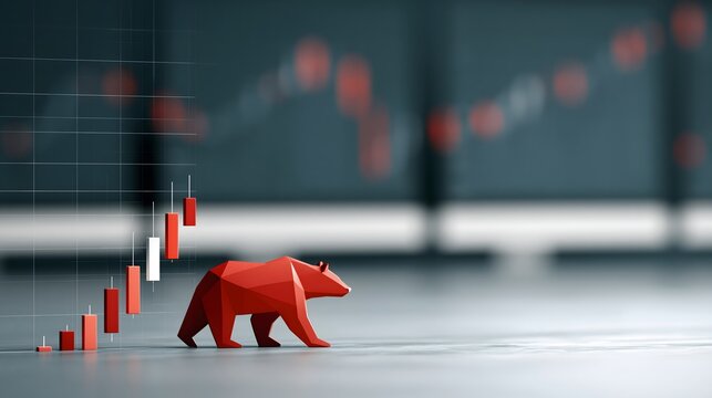 Bear market visualization with red financial graphs dropping across multiple trading screens, modern investment analysis, realistic commercial photography